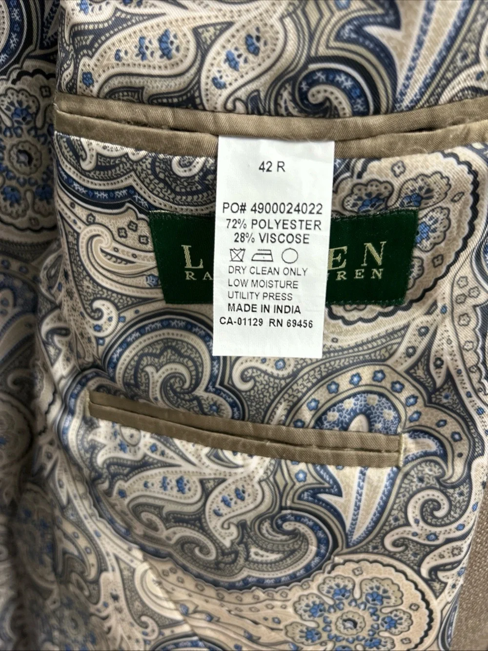 Lauren Ralph Lauren Men’s 42R Taupe Blazer Sportcoat Paisley Lined Jacket